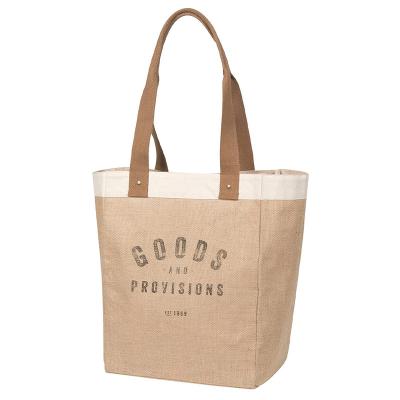 China Wholesale Custom Portable Waterproof Simple Modern Letter Jute Canvas Handled Picnic Bag Handled Shopping Bag for sale