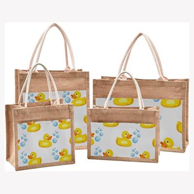 China Wholesale Jute Bags Cartoon Environmental Protection Handled Raw Canvas Lunch Box Container Portable Shopping Bags for sale