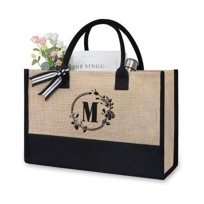 China Custom Letter Used Jute Jute Hand Handled Storage Bags For Gifts Shopping Bag Burlap Eco-Friendly Handbag for sale