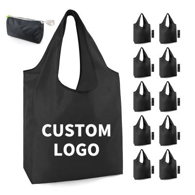 China Large Capacity Vest Folding Portable Handheld Bag Waterproof Eco-friendly Bag Logo Black Polyester Custom Grocery Storage Folding Bag for sale