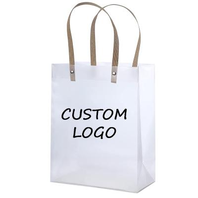 China Custom Handled Logo Wedding Gift Bag Packaging Clear Frosted Waterproof PVC Shopping PP Plastic Bag With Row Rope Handle for sale