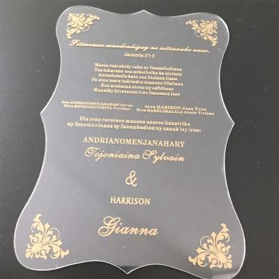 China Europe Transparent Wedding Wedding Invitation Acrylic Gold RSVP Cards Match Paper Envelopes for sale