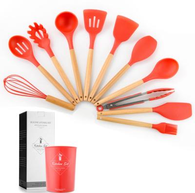 China 12 Pcs Viable Silicone Handle Wooden Spatula Set Cookware Non-Stick Turner Tongs Spatula Spoon Kitchen Cookware Sets Tools for sale