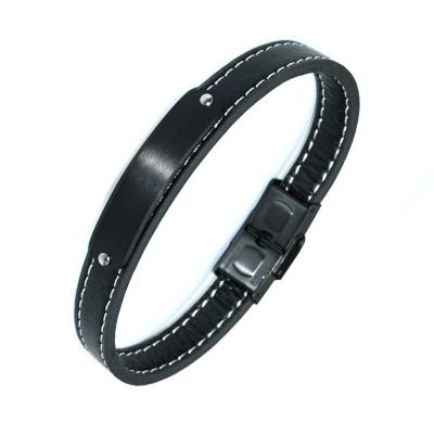 China Business Men's Jewelry Customized Stainless Steel Gun Black Color Plating Matt Plate With Genuine Leather Bangle Bracelets For Men's Jewelry for sale