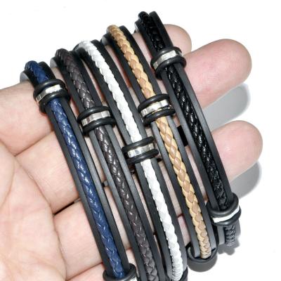 China Matte Surface Flat Handwoven Genuine Tendy Brown Blue Black White Blue Leather Bracelet With Stainless Steel Clasp Luxury Mens Fashion Jewelry for sale