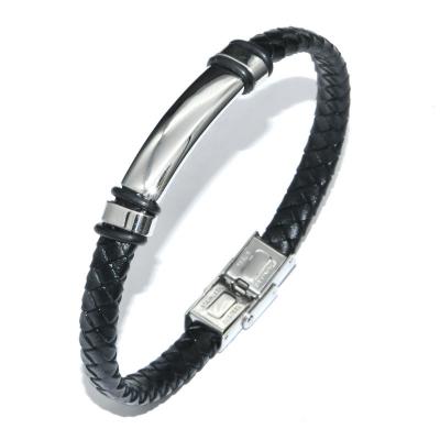 China Flat New Matte Outdoor Genuine Handwoven Leather Black Leather Bracelet with Stainless Steel Plate Luxury Men's Fashion Jewelry for sale