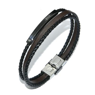 China New Multilayer Handwoven Brown Black Leather Wristband Cuff Bracelet Safety Clasp Matte Surface Genuine Leather Wristband For Men's Bracelet for sale