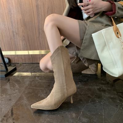 China Anti-odor Autumn Winter Woman New Led Fashion Stiletto High Heel Chelsea Boot Women's Midi Suede Midi Boots Slip On for sale