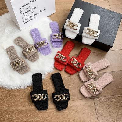 China Fashion Trend Amazon Sale Ladies New Warm Autumn Winter Plus Size Woolen Flat Women Sheep Lamb Fur Hairy Slippers Slippers for sale