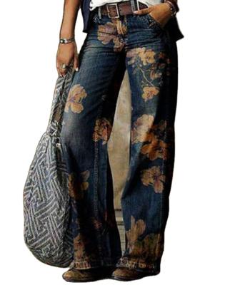 China New Autumn Winter 2021 Sustainable Fashion Casual Pants Plus Size Wide Leg Jeans Women Wide Leg Trousers Ladies Printing Women's Jeans for sale