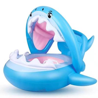 China Hot Selling Beautiful Amazon Pool Ring Portable Inflatable Shark Float Swimming Float Boat With Sunshade Swimming Rings For Kids for sale