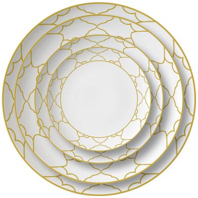 China Disposable Gold Rim Disposable Porcelain Dishes Luxury Fancy Dishes Set For Wedding for sale