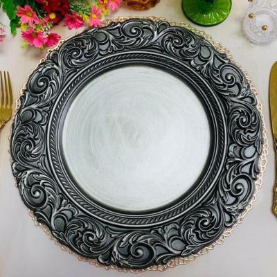 China 13 Inches Natural Black Silver Classic Gold Cheap Acrylic Plastic Wedding Dish Charger Disposable Trivets For Wedding for sale