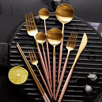 China Matt Gold Pink 304 Gold Tableware Set Rose Handle Stainless Steel Knife Spoon And Fork Tableware for sale