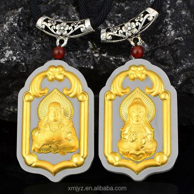 China CLASSIC Gold Inlaid Jade Pendant Pure Gold Inlaid with Hetian Black Guanyin Buddha Pendant for Men and Women for sale