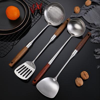 China Sustainable Wood Handle Thickened Stainless Steel Kitchenware Set Kitchen Cooking Spoons Shovel Set Four Pieces for sale