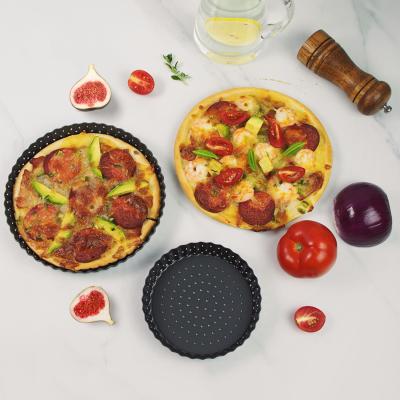 China New Baking Pizza Pan Carbon Steel Thickened Live Bottom Pizza Pan Mold Nonstick Mold Making Pan Bakeware Set Bake for sale