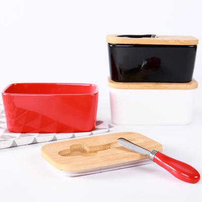 China Minimalist Rectangular Ceramic Butter Dish Restaurant Sealed Storage Box Western Cheese Box With Knife Butter Box for sale