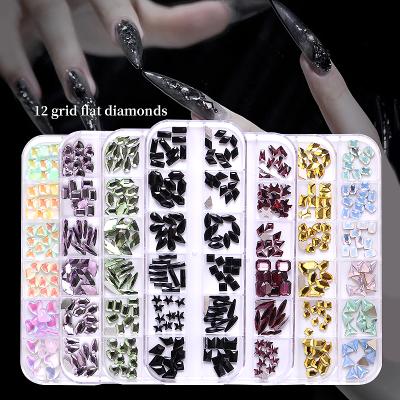 China 12 Diamond Glass Grids / Flat Bottom Box Special Shaped Glass Colored Diamonds Mix And Match Nail Decoration for sale