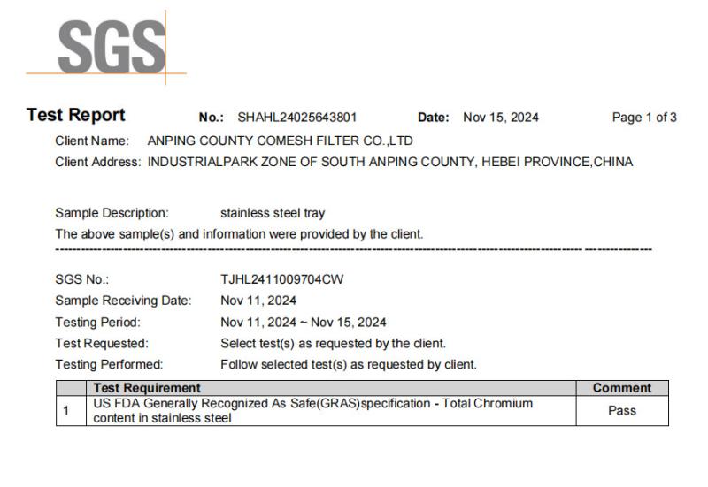US FDA Generally Recognized As Safe(GRAS)specification -Total Chromium content in stainless steel - Hengshui Qualified Filter Screen Co., Ltd.