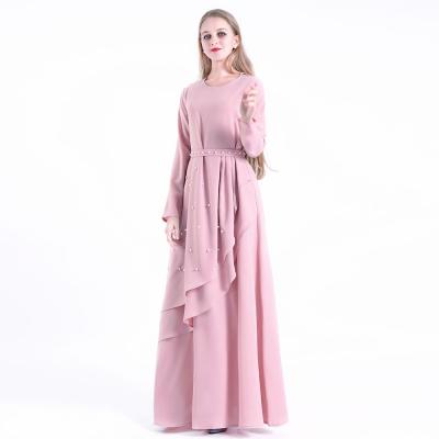 China Daily Casual Formal Modern Abaya Hand Beaded Abaya Muslim Dresses Beaded Belt Sheaths Long Wave Muslim Dress for sale