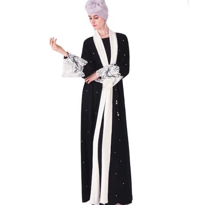 China Modest Lace Cuff Pearl Cuff Kimono Cardigan Kimono Abayas Dubai Islamic Clothing Beaded Muslim Abayas Dress for sale