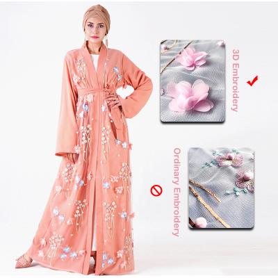 China Color Loose Handmade Abaya Flower Chiffon 3D Embroidery Stain Belt Cardigan Robe Breathable Comfortable Kimono for sale