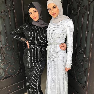 China 2019 pure new color autumn stripe beaded and sequin embellishments elegant slim fishtail abaya dress wholesale for muslim women for sale