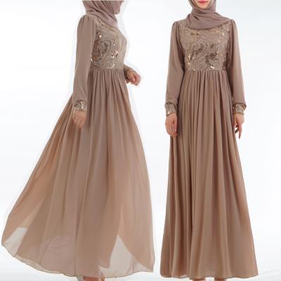 China Flowy and Anti-Wrinkle and Breathable Fashionable Sequined Long Sleeve Abaya Double Layer Chiffon Fabric Maxi Dress for Teens and Women for sale