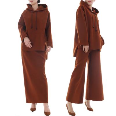 China Modest Hot selling long sleeve stand wool collar plus size top and skirt winter woolen coat set with hoodie for sale