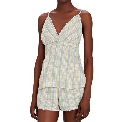 China Breathable Checked Casual 2 Piece Cami Pajama Set Custom Women Sleepwear Shorts Set for sale