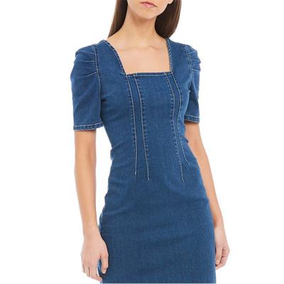 China High Quality Anti-Static Women Dress Casual Square Denim Puff Sleeve Neck Sheath Dress for sale