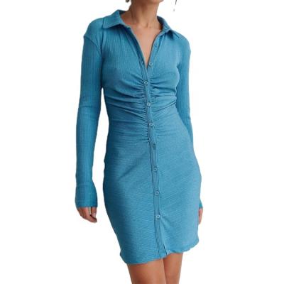 China Anti-Static Ruched Stretchy Long Sleeve Bodycon Dress Button Up Dress Custom Made Ladies Casual Dress for sale