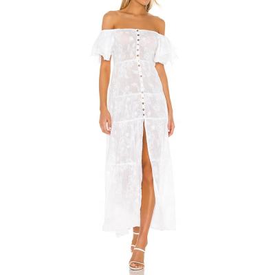 China Anti-Static Dress Front Button Summer Maxi Dress Embroidery Casual Women Strapless Maxi Dress for sale