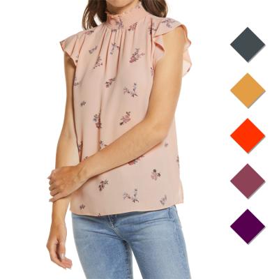 China Anti-pilling Smocked Neck Ruffle Sleeve Blouse Floral Print Mock Neck Cap Sleeve Women Tops for sale