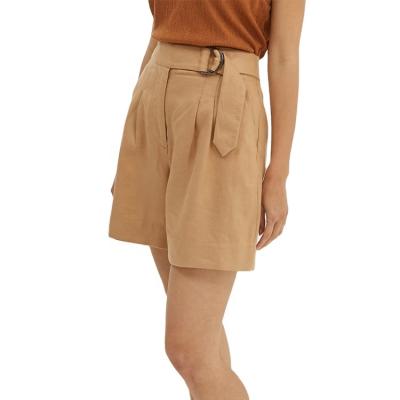 China Anti-Wrinkle Casual Belted Canvas Shorts Women High Waist Front Pleat Shorts Custom Summer Shorts for sale