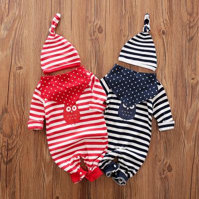 China Cozy Baby Clothes 100% Cotton Striped Design Infant Clothing Set, Newborn Romper Jumpsuit With Animal Print 3pcs/set for sale