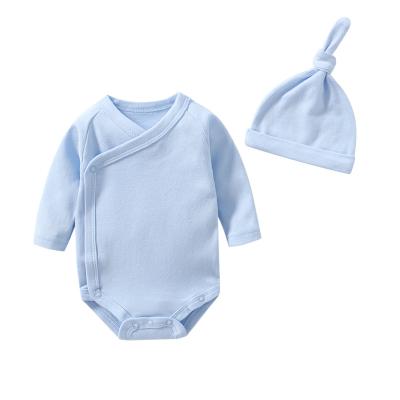 China Baby Cozy Newborn Jumpsuits Set Cotton Solid Color Baby Long Sleeve Baby Romper + Hat for sale