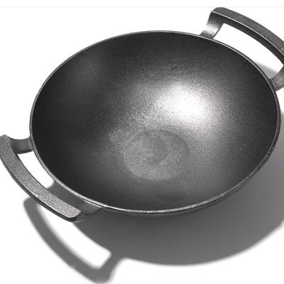 China Viable Cast Iron Chinese Pre Seasoned Wok Pan With Double Iron Handle for sale