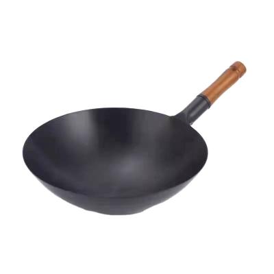 China 30/32/34/36cm Carbon Steel Pre Seasoned Wok Stocked Chinese Wok Casserole With Non Handle Stick Wooden Wok for sale