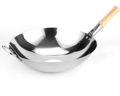 China 65cm SS 201 Sustainable Restaurant Commercial Heavy Duty Stainless Steel Chinese Wok With Wooden Handle for sale