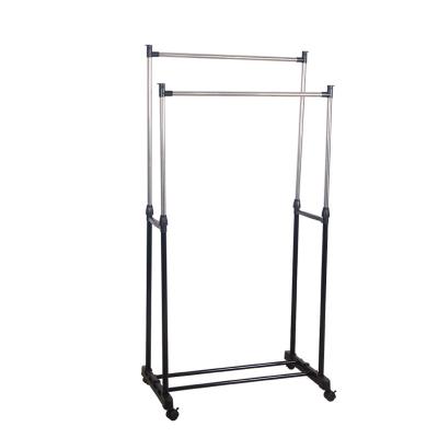 China EISHO Traditional Metal Display Stand Floor Hanging Rail Movable Stainless Steel Bipolar Clothing Garment Rack for sale