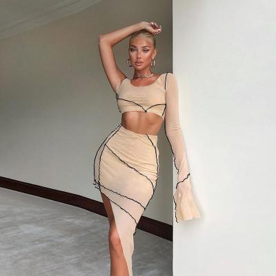 China Two-Piece Color Anti-Static Handsome Mini Skirts Mesh Yarn Apricot Crop Top Hoodie Net Skirt Set Single-sleeve for sale