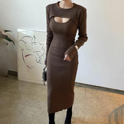 China Anti-Static Dress Woman Drop Casual Bodycon Split Long Sleeve Dresses Slim Brown Two Piece Set Of Dresses for sale