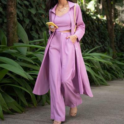 China 2021 New Wide Leg Pants Women'S Purple Casual Coat Drop Jacket Breathable Three-piece 3 Piece Sets for sale