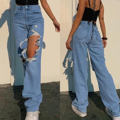 China 2022 breathable personality women's clothing drop thin street loose women's pants distressed jeans wide leg waist borehole high tops for sale