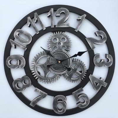 China ATTIC 2021 Antique Style Rusty Clock 3d Gear Hotel Decorate Imitated Iron Wood Wall Clock for sale