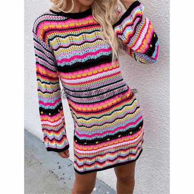 China Manufacturer Fashion Rainbow Regular Colorful Loose Round Neck Sweater Striped Mid Length Sweater for sale