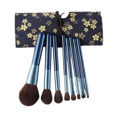 China High Quality Mix Silver Vegan Cosmetic Brush 8pcs Wooden Cosmetic Brush Blue Makeup Brushes Private Label Set in Canvas Cosmetic Bag for sale