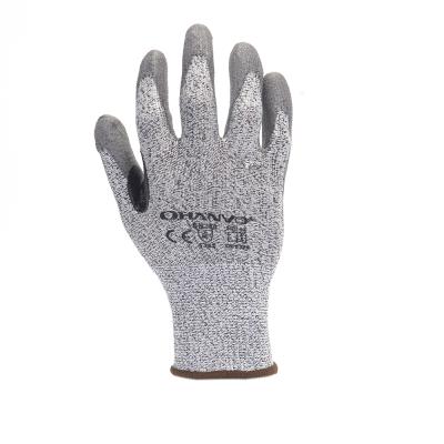 China Anti-cut Hanvo Safety Work Gloves 13 Gauge HPPE Gray PU Resin With Palm Dip Coated Cut Proof Gloves for sale